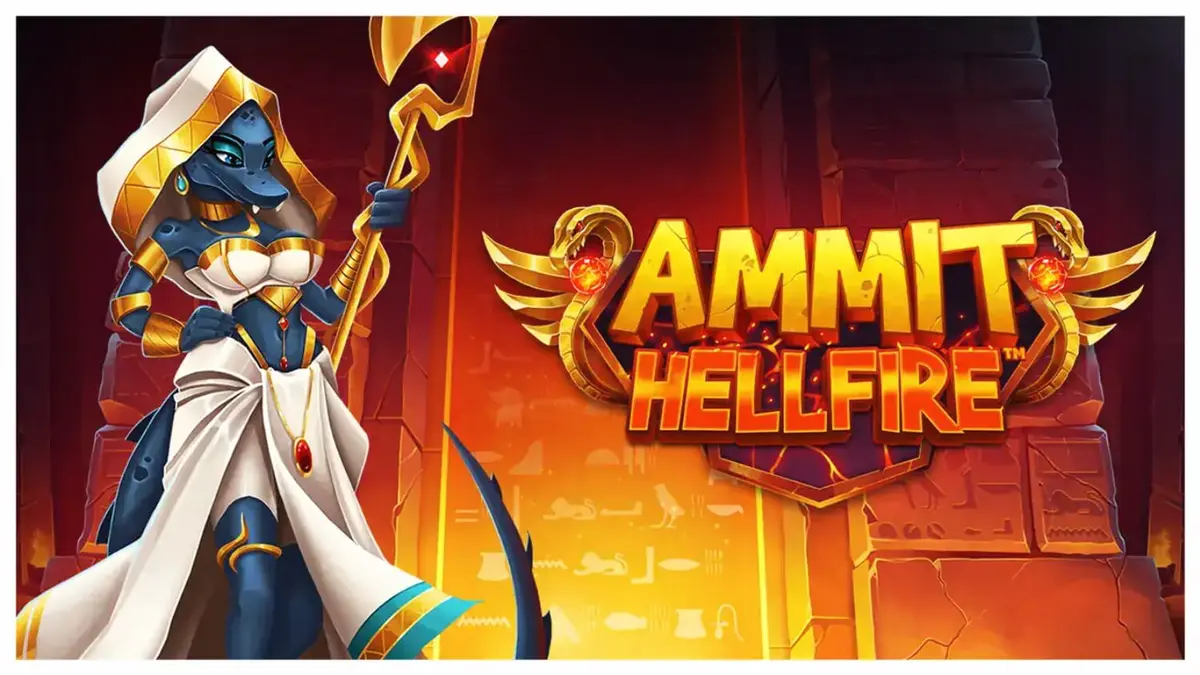 Tampilan visual slot Ammit Hellfire dengan karakter dewi Mesir dan gulungan penuh simbol