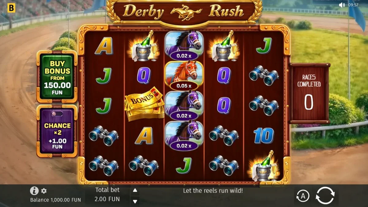 Tampilan visual slot Derby Rush dengan tema pacuan kuda mewah